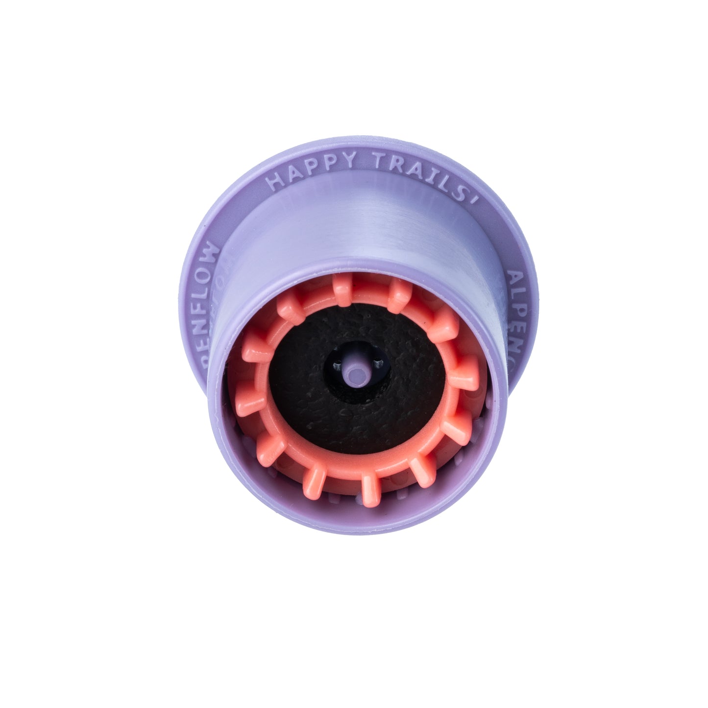 Bottom view of purple fuel transfer device with orange teeth and foam gasket
