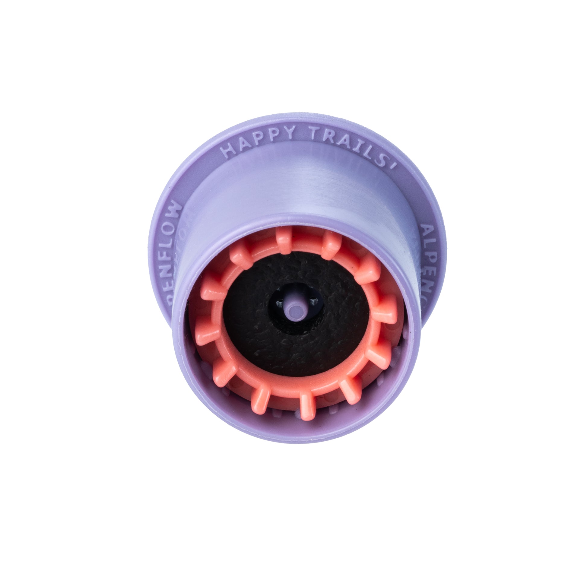 Bottom view of purple fuel transfer device with orange teeth and foam gasket